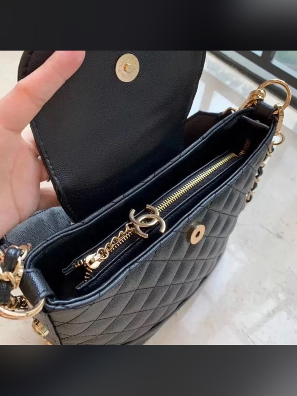 GWP CHANEL Black Quilted Leather Shoulder Bag with Gold Lettering Strap. - Picture 4 of 7